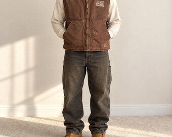 90s Berne Canvas Workwear Vest XL Distressed Paint Splatter Sherpa Lined