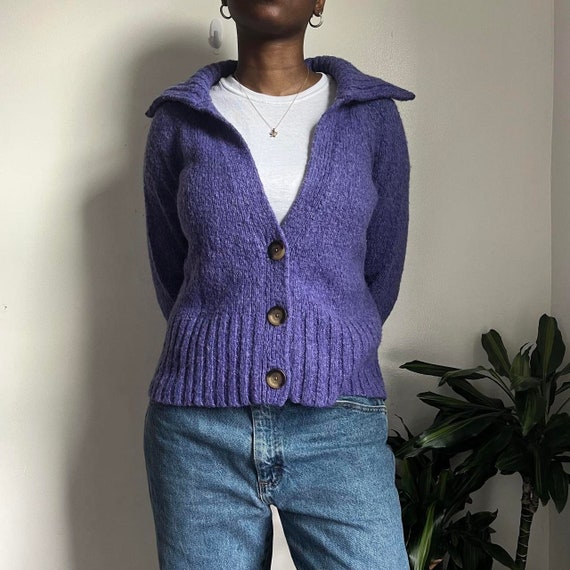 Purple button down knit cardigan collard sweater - image 7