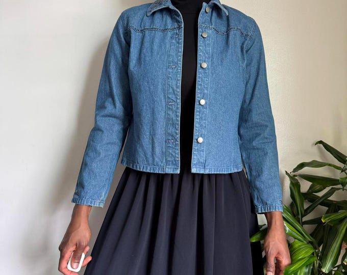 vintage button up long sleeves pearl embroidered denim shirt S