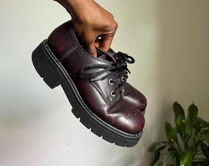 Vintage burgundy women chunky sole oxfords shoes size 8