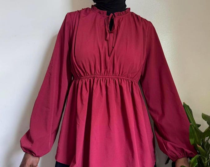 Burgundy long sleeve ruffle blouse with tie detail size XL