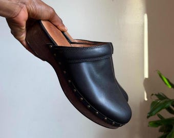 Madewell The Cecily Leather Clogs Black Studded Wooden Heel Mules Platform