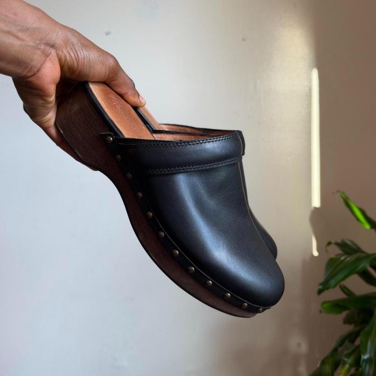 Madewell, Madewell The Cecily Leather Clogs Black Studded Wooden Heel Mules Platform