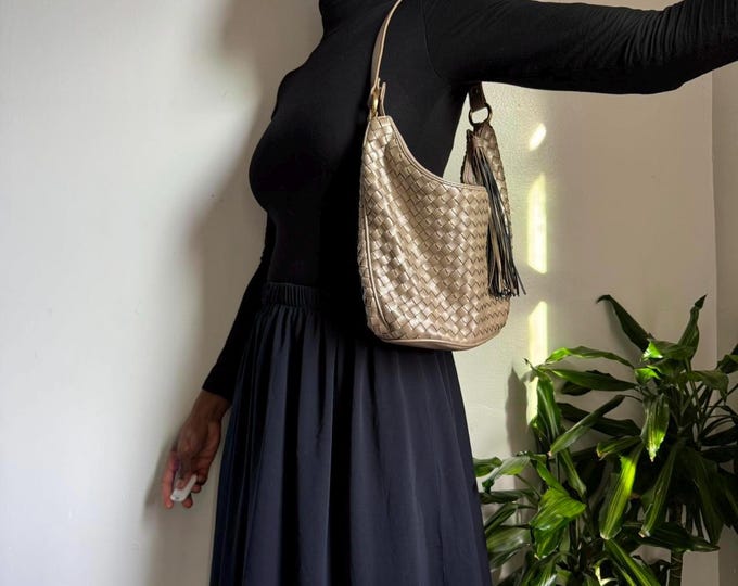 Y2K coquette tan gold woven tote Shoulder bag