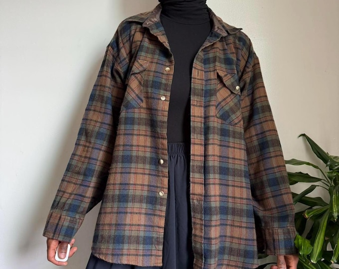 vintage unisex oversized button up long sleeves plaid shirt size XL