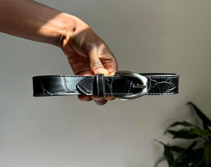 Vintage Black Faux Croco Minimalistic mini belt size 27.5