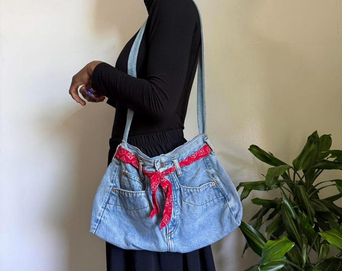 Upcycled Cross body/shoulder denim bag with red bow tie