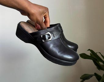 Vintage 90s Easy Spirit Black Leather Buckle Mules/clogs size 7.5