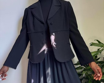 Vintage black blazer vest with ruffle trim fringe details size 14