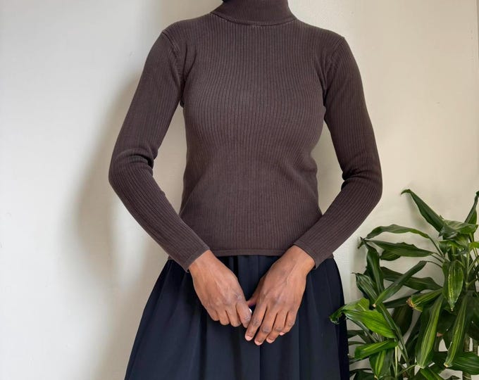 Vintage Brown 100% silk Turtle neck pullover knit lightweight sweater size S