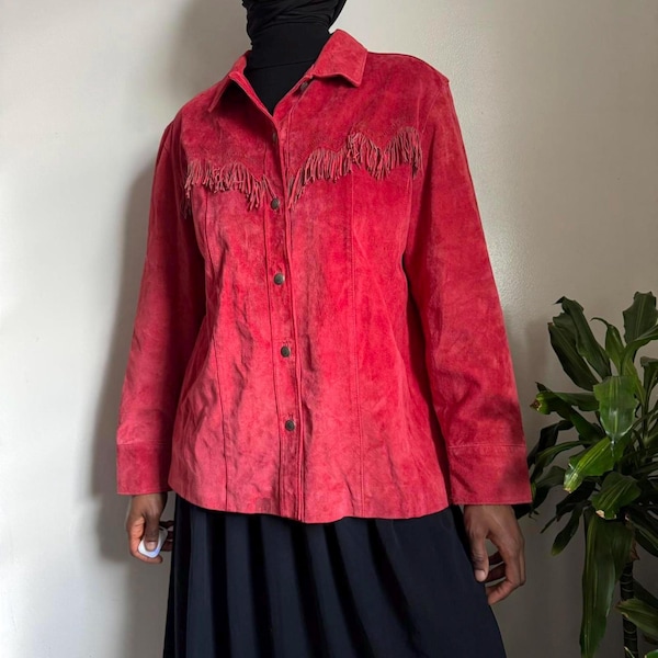 vintage 90s Cherry red suede fringe jacket size 3