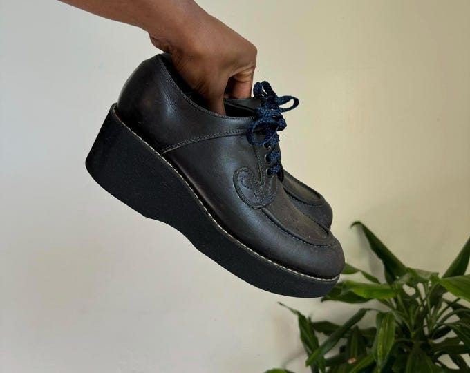 Vintage Women Black Chunky Sole lace up oxfords grunge shoes size 8D