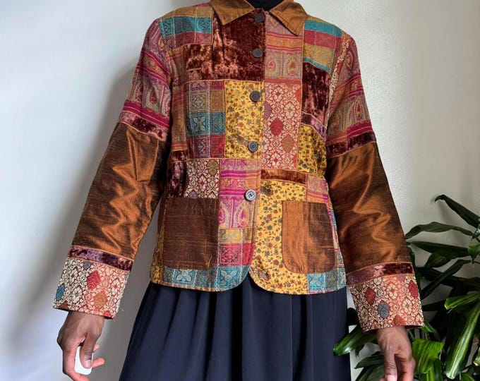 Vintage 100% silk kimono shirt buttom down hippie floral boho ornate patchwork M