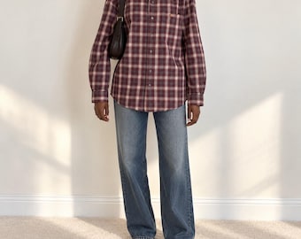 Unisex Carhartt burgundy and beige plaid cotton button-up shirt Size L