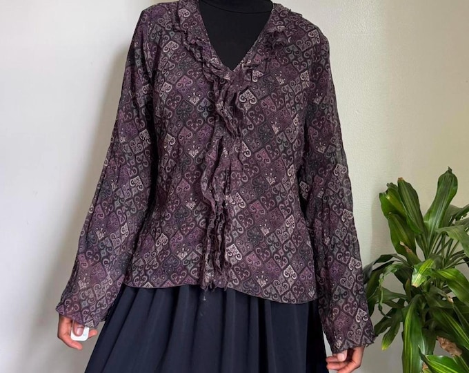 Vintage boho grunge floral patterned blouse with ruffle details size 14