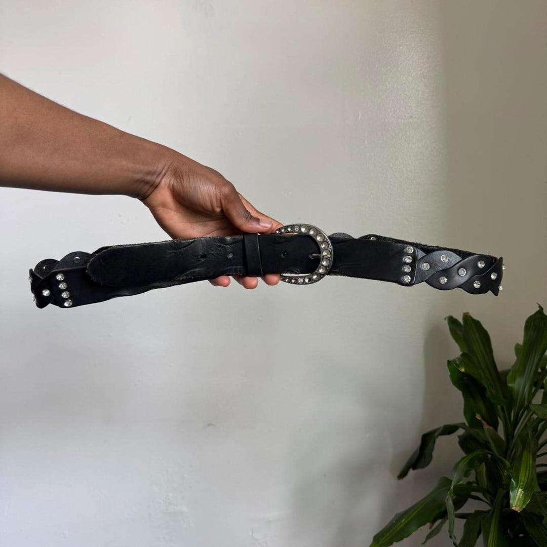 Vintage Grunge Black 100% Leather Belt With Rhinestone 
