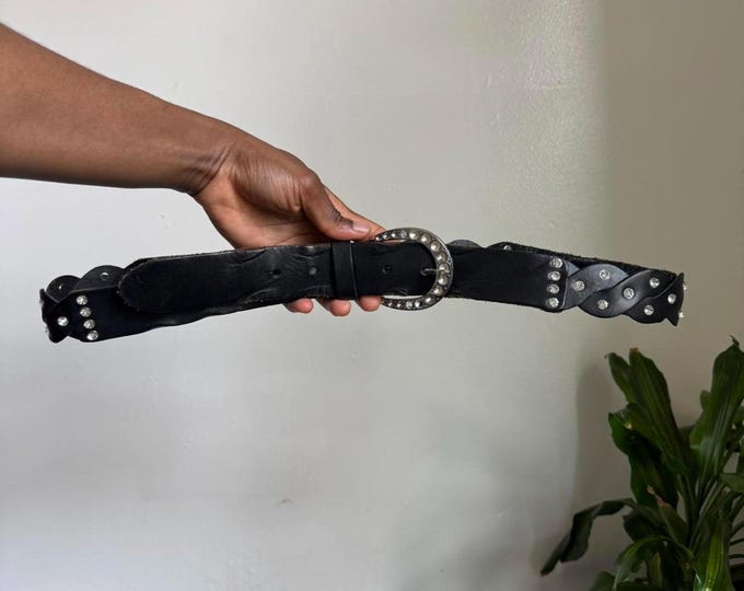 Vintage grunge Black 100% leather belt with rhinestone buckle size XL