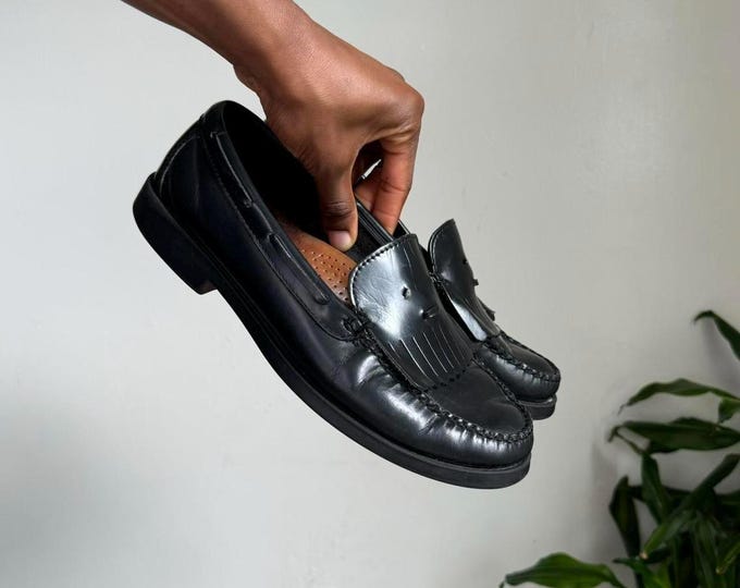 Vintage unisex black loxfords minimalist loafter flat Mens Size 8.5W