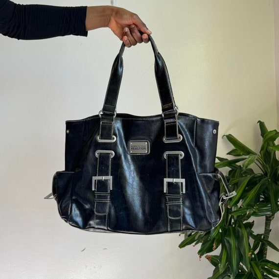 Vintage faux leather black grunge shoulder tote b… - image 1