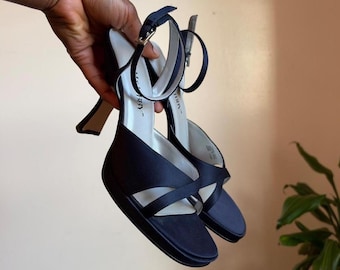 Sam & Libby Navy Satin Square Toe Ankle Strap Platform Heels US 7.5