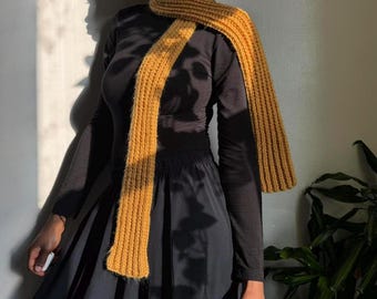 Szalik Vintage Fringe Gruby Dzianinowy Musztardowy