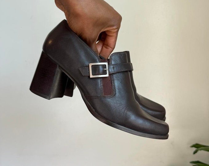 Vintage upper leather block heels brown loafer