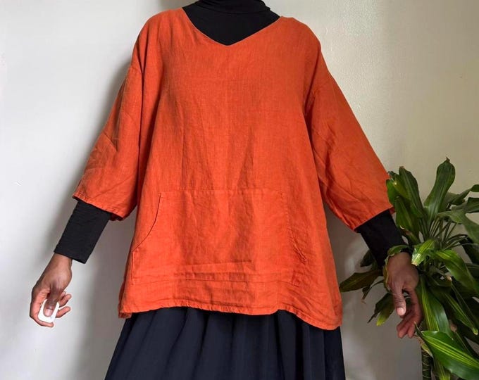 Vintage Orange 100% linen top with front pockets size L