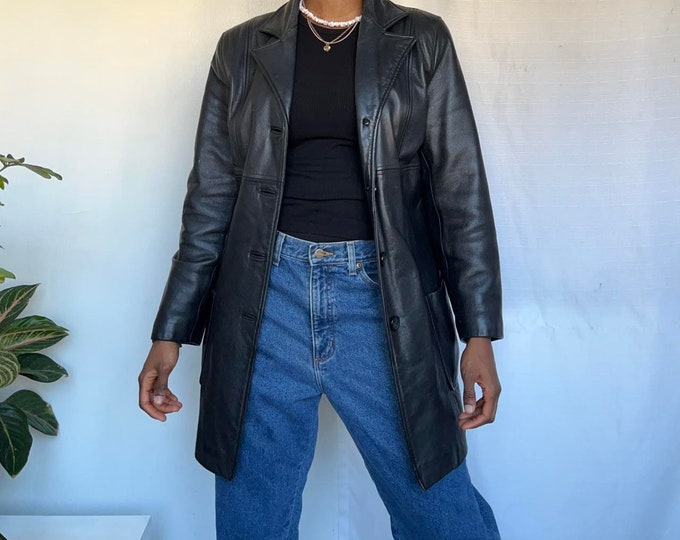Vintage genuine leather jacket trench coast in black