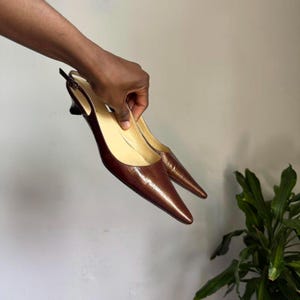 Vintage Terre Peck brown kitten heels pointed toe sling back mules 39/7.5