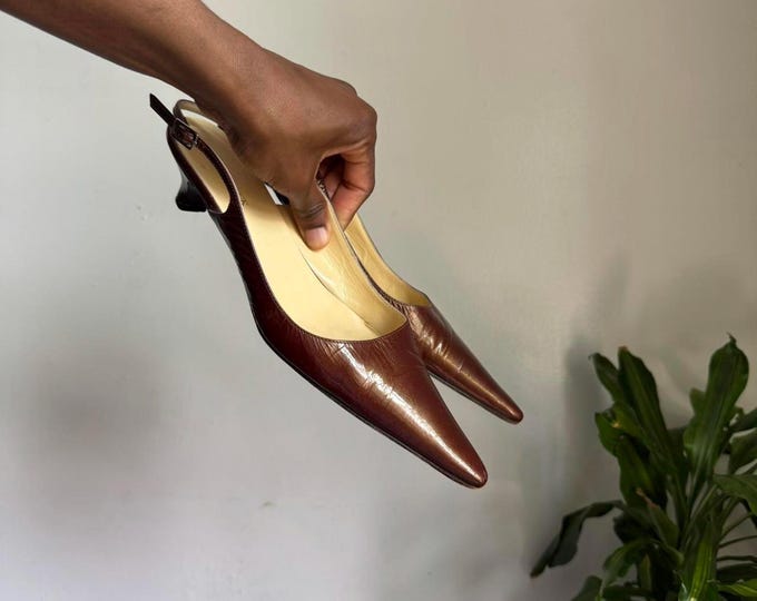 Vintage Terre Peck brown kitten heels pointed toe sling back mules 39/7.5