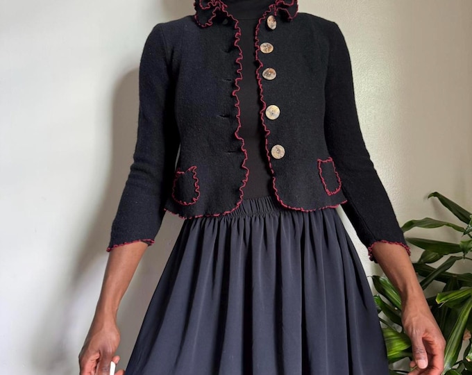 Vintage 100% wool black Red ruffle cropped cardigan coquette