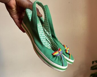 Y2K Mudd Green Canvas Wedge Heels Rainbow Bow Slingback 7 M