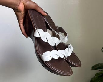 Vintage Y2K White Braided Leather Wedge Sandals US 11W