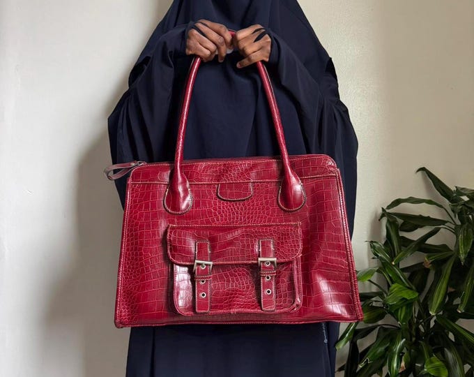 Vintage red faux croco streetwear academia preppy tote shoulder bag
