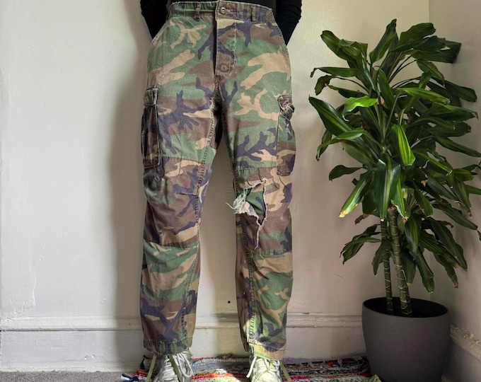 Vintage Military cargo pants faded distressed Streetwear woodland camouflage S