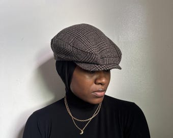 Vintage Style Plaid Newsboy Cap Brown Tweed Flat Hat Size M/L