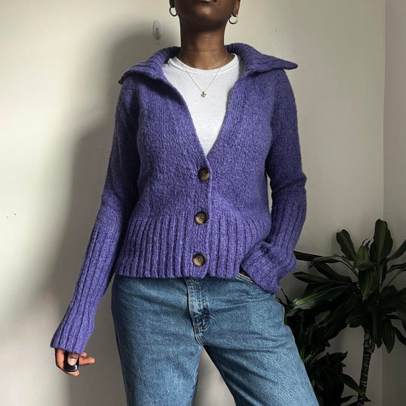 Purple button down knit cardigan collard sweater - image 6