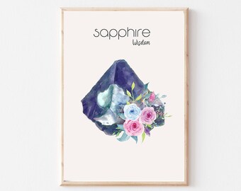 Sapphire Birthstone Art Print, September Birthday, Virgo Zodiac Art, Healing Crystal Print, Gemstone Wall Art, Boho Wall Decor, Horoscope