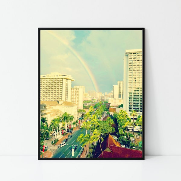 Waikiki Photography | Honolulu Photo Print | Waikiki City Art | Oahu Wall Art | Hawaiian Rainbow Print | Hawaiian Room Decor | Beach City