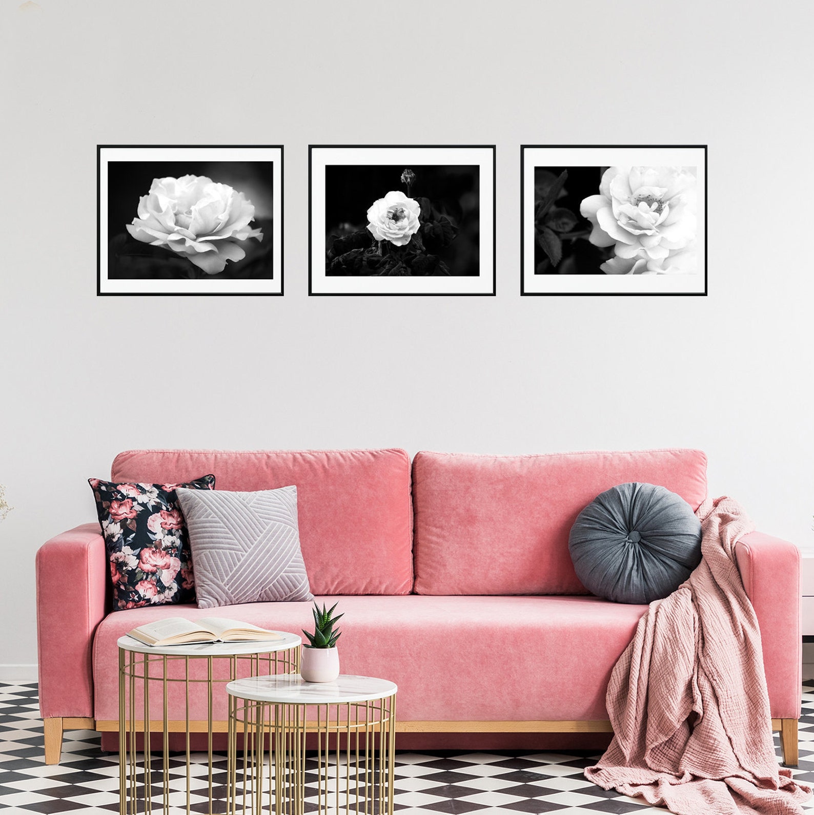 Black and White Rose Wall Art Set of 3 Prints Flower Etsy