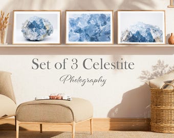 Celestite Gemstone Print Set: Blue Mineral Photography, Boho Wall Art