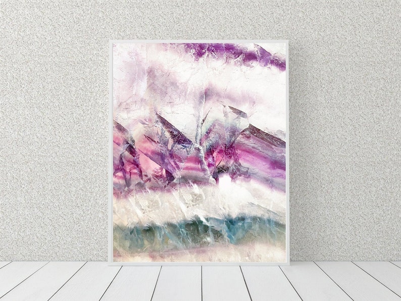 May include: Abstract art print featuring a white background with purple, pink, and blue swirls and streaks. The artwork has a modern and contemporary style.