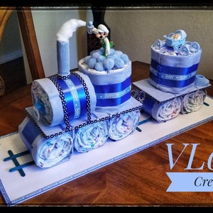 Diaper Cake, Baby Gift, Blue Train Diaper Cake for Boys Baby Shower image 2