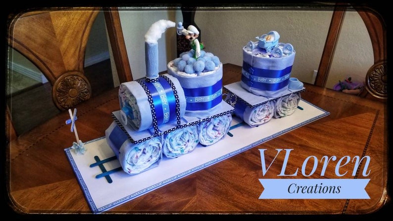 Diaper Cake, Baby Gift, Blue Train Diaper Cake for Boys Baby Shower image 2
