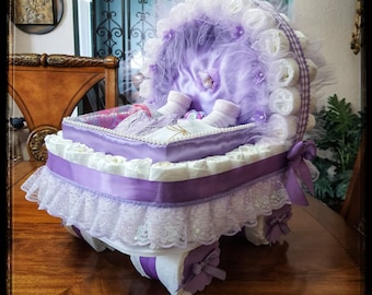 Baby Gift Diaper Cake Purple Lavender Lilac Carriage  Bassinet Stroller Basket Baby Shower,  Best seller