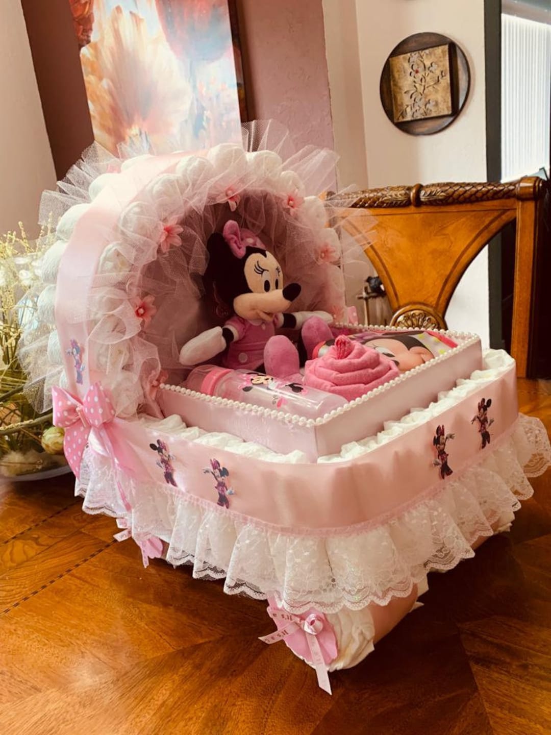 Diaper Cake, Minnie Mouse, Baby Gift, Diaper Cake Carriage