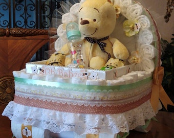 Winnie the Pooh Luxery Diaper Cake, Baby Shower Gift, Stroller, Carriage, Beige, brown and green Neutral, Diaper Cake