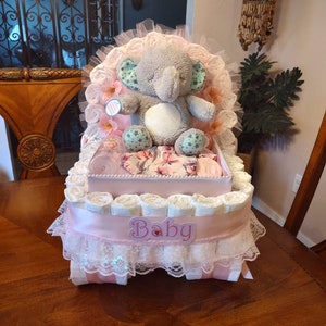 Luxery Diaper Cake, Baby Shower Gift, Musical Elephant diaper cake, Stroller, Carriage, Pink and Gray Diaper Cake, Elephant Baby Shower Gift