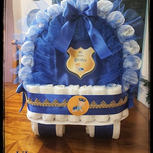 Diaper Cake, Baby Shower Gift Diaper Cake, Royal Blue and Gold Prince Theme, Carriage, Stroller Diaper Cake for a Boy, Crown Royal Baby image 6