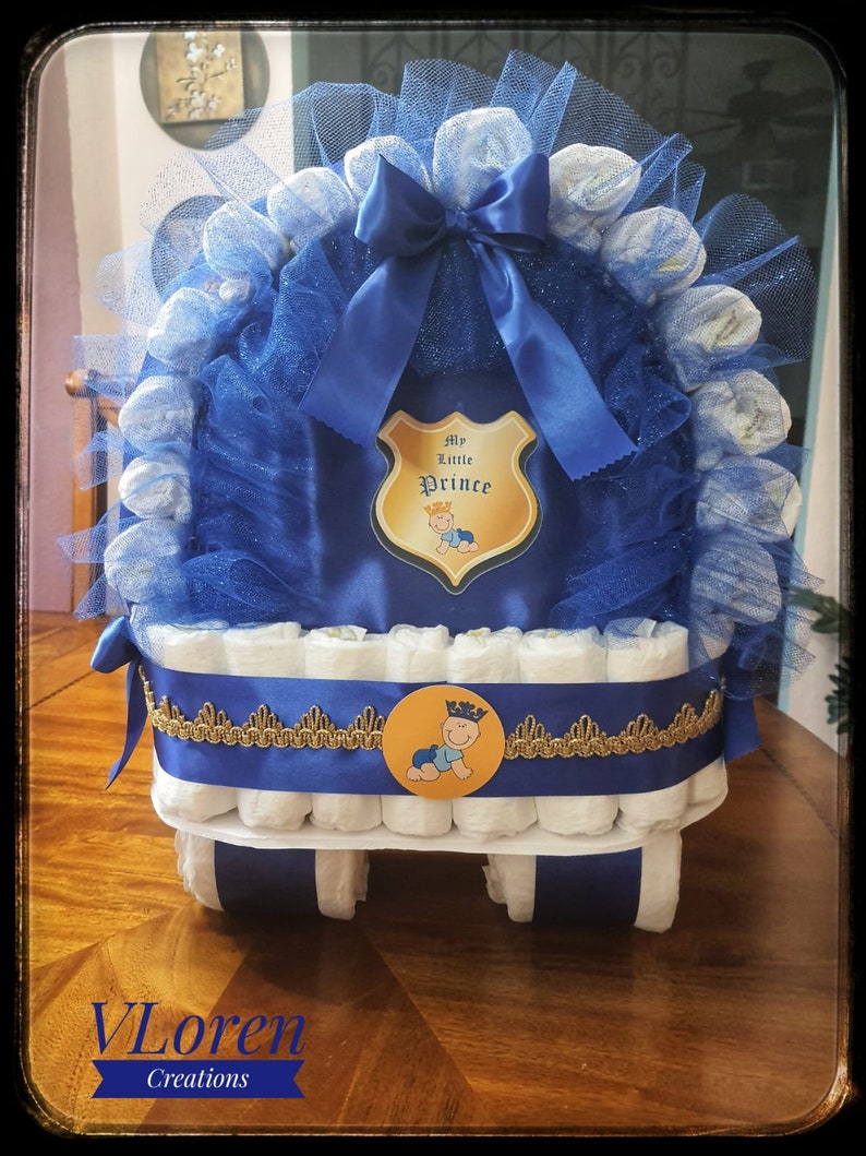 Diaper Cake, Baby Shower Gift Diaper Cake, Royal Blue and Gold Prince Theme, Carriage, Stroller Diaper Cake for a Boy, Crown Royal Baby image 6